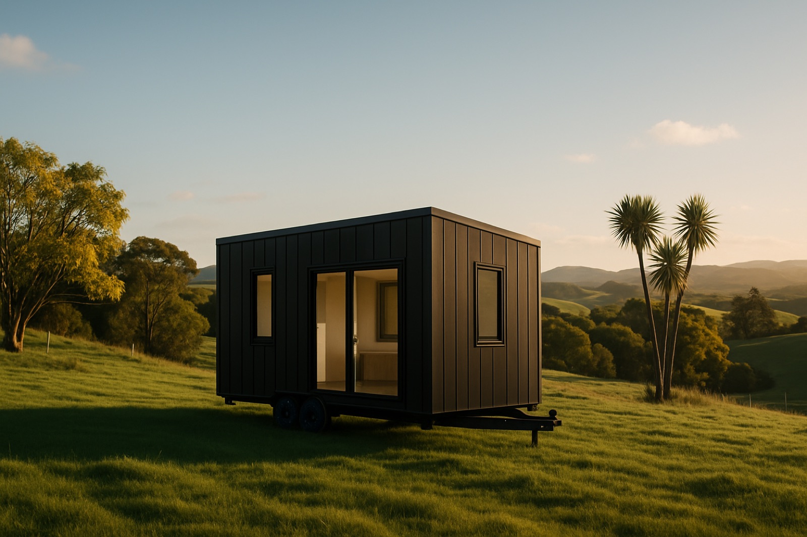 A modern New Zealand cabin in a green rural setting